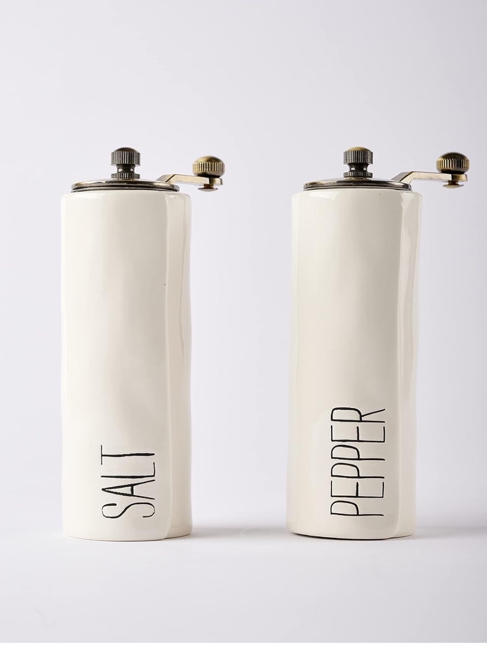 Mud Pie Salt and Pepper Grinders White Ceramic Mill Set with Brass Finish 5”
